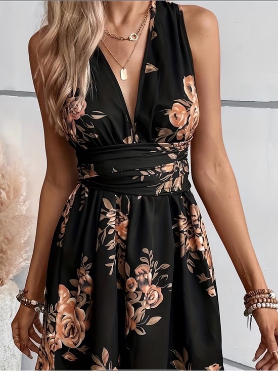 SHEIN Dresses & Skirts - Floral V-Neck Black Wrap Romper